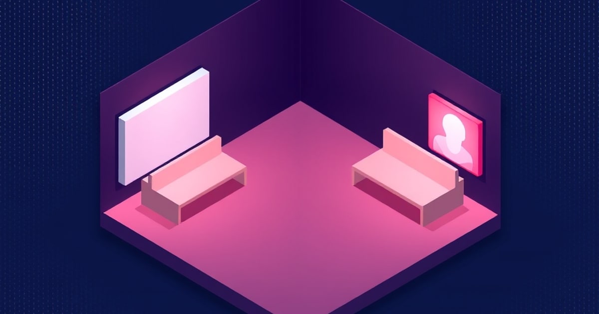Isometric purple room with a pale acoustic-style wall panel on the left, a glowing pink portrait frame on the right, and two low pink benches