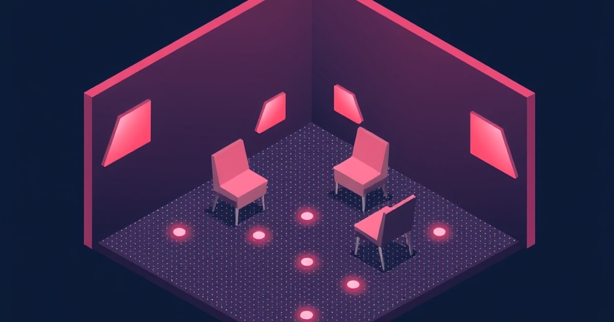 Isometric cutaway room with angled acoustic panels on two walls, three listening chairs and glowing floor markers, showing where diffusion belongs in a room