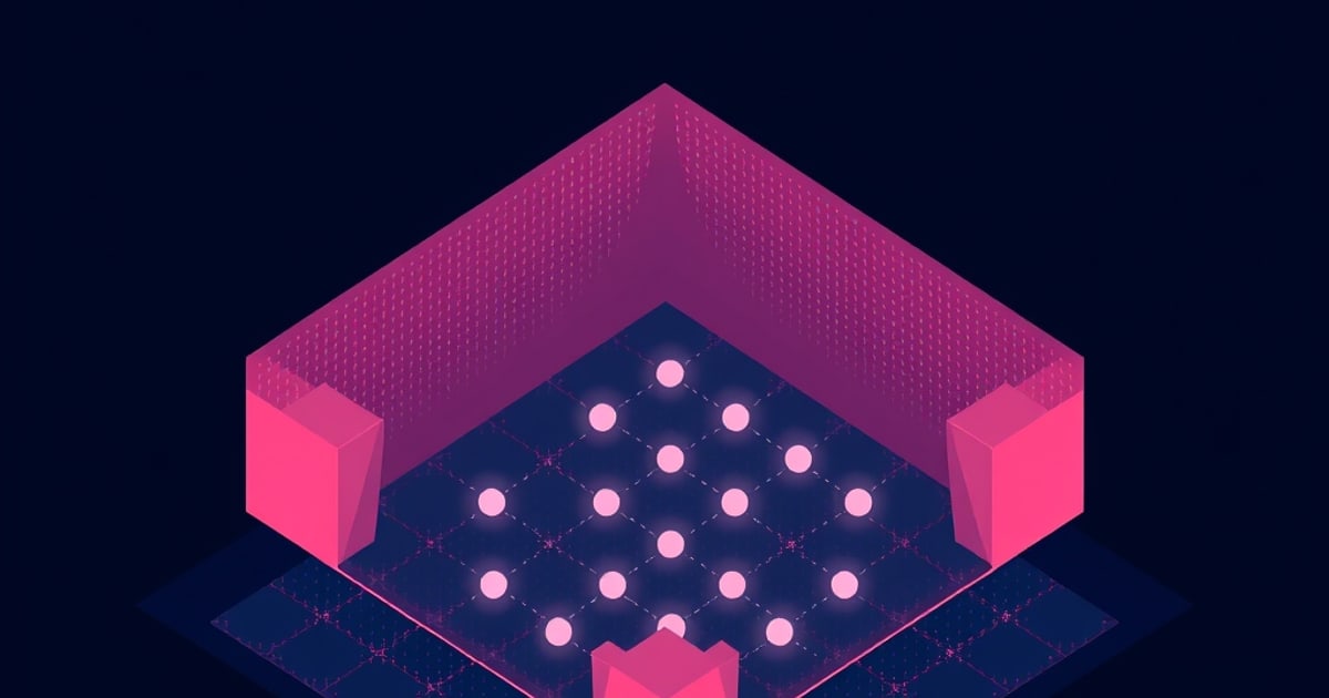 Isometric pink room corner with perforated walls and corner blocks over a dark blue grid floor dotted with glowing nodes, evoking acoustic diffusion limits