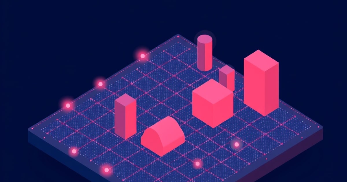 Flat isometric illustration of a dark blue grid platform holding scattered pink blocks of different heights, a cylinder and a dome, with glowing dots.