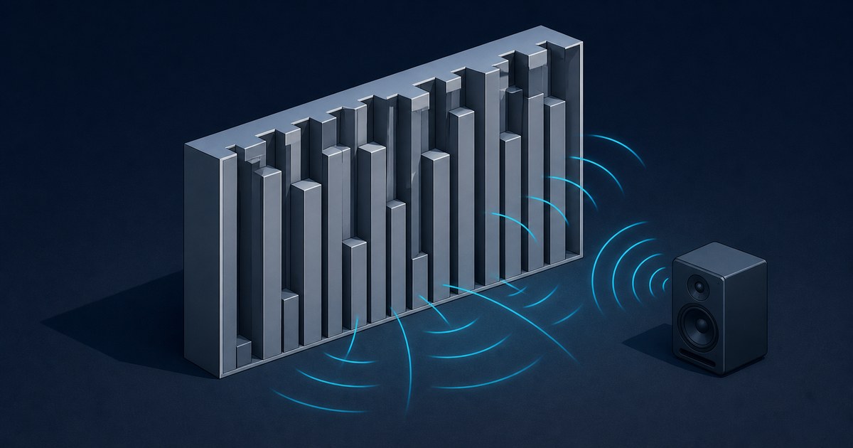A 3D quadratic residue diffuser panel scatters cyan sound waves from a nearby black studio monitor in a dark blue room.
